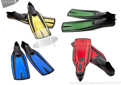 Image of Set of multicolor swim fins for diving on white background