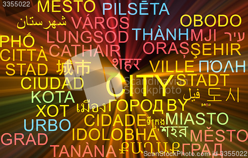 Image of City multilanguage wordcloud background concept glowing