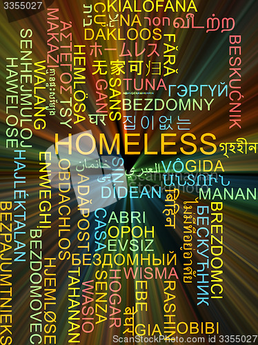 Image of Homeless multilanguage wordcloud background concept glowing