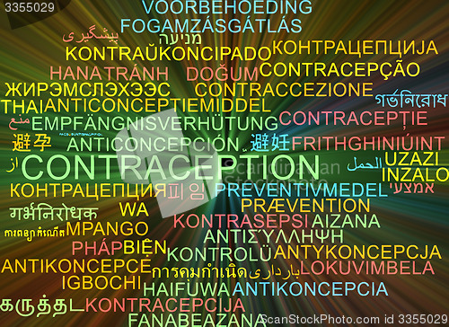 Image of Contraception multilanguage wordcloud background concept glowing