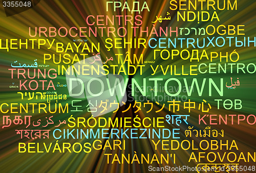Image of Downtown multilanguage wordcloud background concept glowing