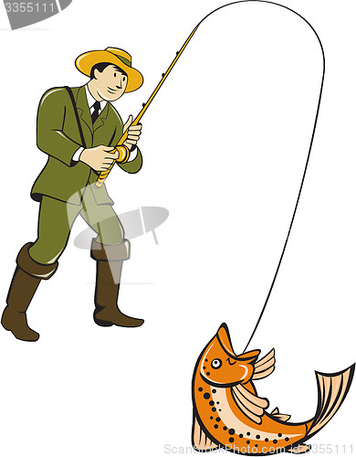 Image of Fly Fisherman Catching Trout Fish Cartoon