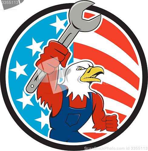 Image of American Bald Eagle Mechanic Spanner Circle USA Flag Cartoon 