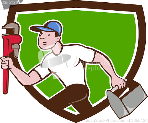 Image of Plumber Running Toolbox Wrench Crest Cartoon