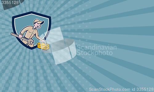 Image of Business card Mechanic Carrying Toolbox Spanner Shield Cartoon