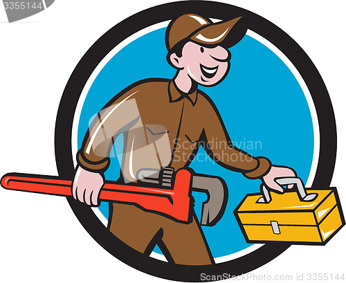 Image of Plumber Carrying Monkey Wrench Toolbox Circle 