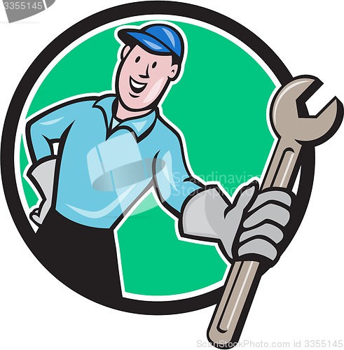 Image of Mechanic Presenting Wrench Circle Cartoon
