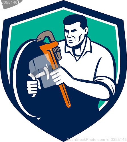 Image of Plumber Brandishing Wrench Shield Retro