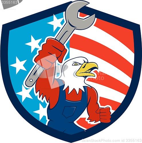 Image of American Bald Eagle Mechanic Spanner USA Flag Shield Cartoon 