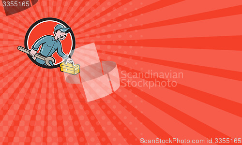 Image of Business card Mechanic Carrying Toolbox Spanner Circle Cartoon