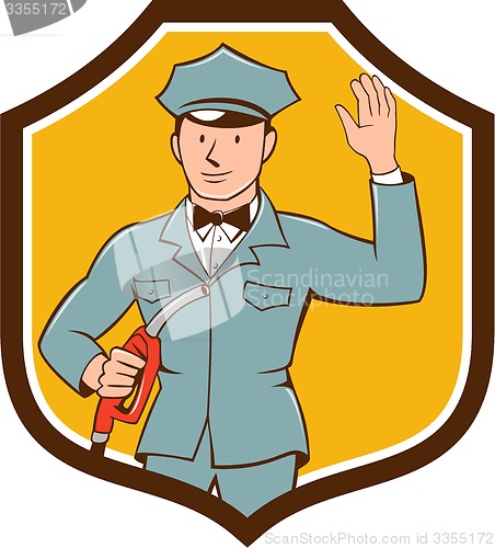 Image of Gas Jockey Attendant Waving Shield Cartoon