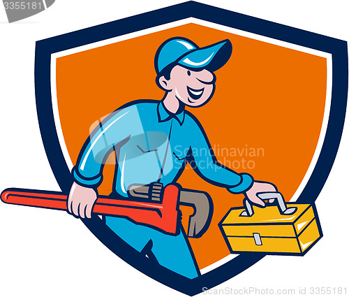 Image of Plumber Carrying Monkey Wrench Toolbox Shield