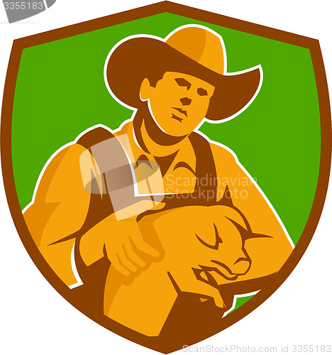 Image of Pig Farmer Holding Piglet Front Shield Retro