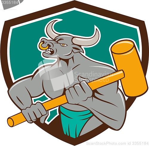 Image of Minotaur Wielding Sledgehammer Shield Cartoon