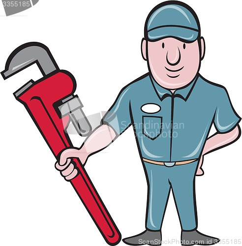 Image of Plumber Standing Attention Wrench Cartoon