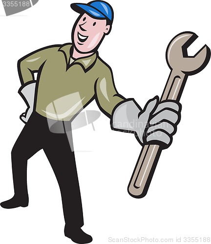 Image of Mechanic Presenting Wrench Cartoon