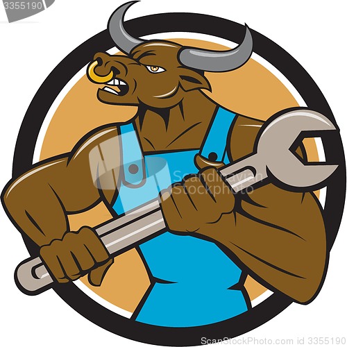 Image of Mechanic Minotaur Bull Spanner Circle Cartoon