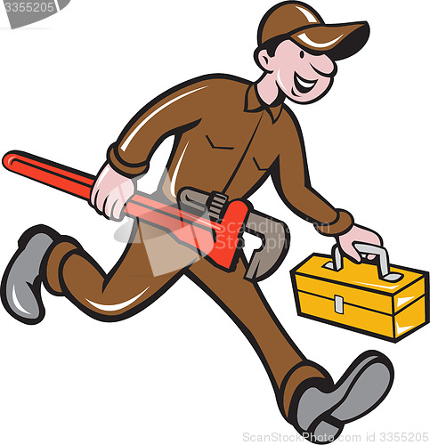 Image of Plumber Carrying Monkey Wrench Toolbox Cartoon