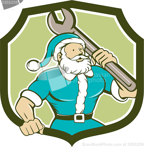 Image of Santa Claus Mechanic Spanner Shield Cartoon