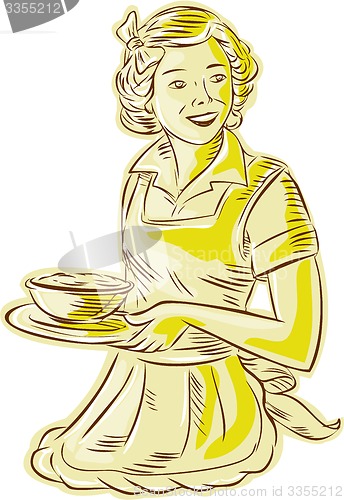 Image of Homemaker Serving Bowl of Food Vintage Etching