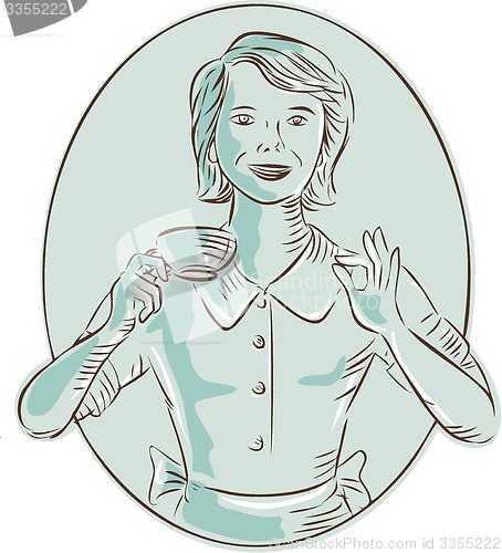 Image of Housewife Drinking Cup of Coffee Etching