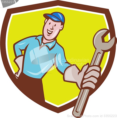 Image of Mechanic Presenting Wrench Shield Cartoon