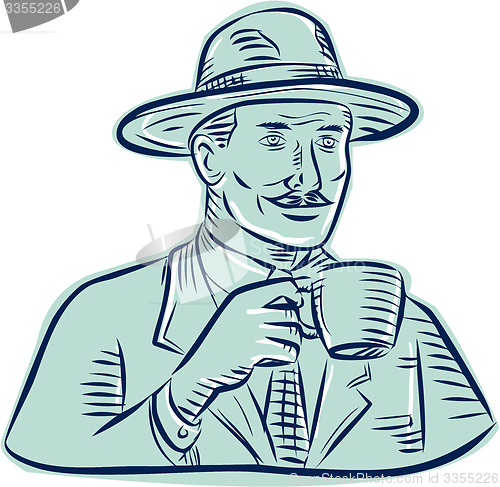 Image of Man Fedora Hat Drinking Coffee Etching