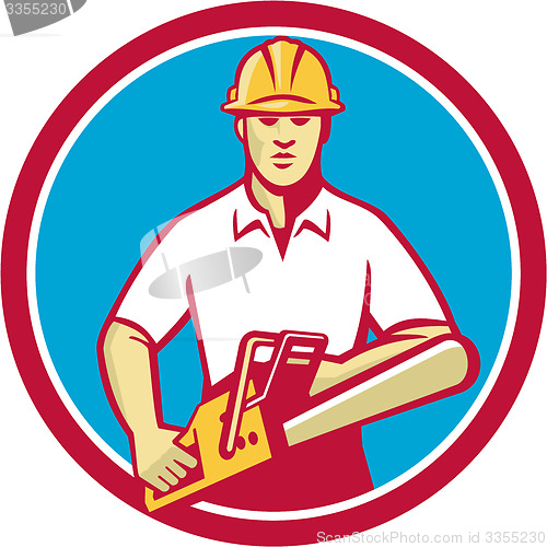 Image of Tree Surgeon Holding Chainsaw Circle Retro