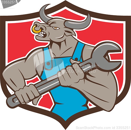 Image of Mechanic Minotaur Bull Spanner Shield Cartoon