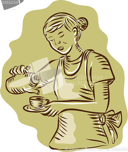 Image of Waitress Pouring Tea Cup Vintage Etching