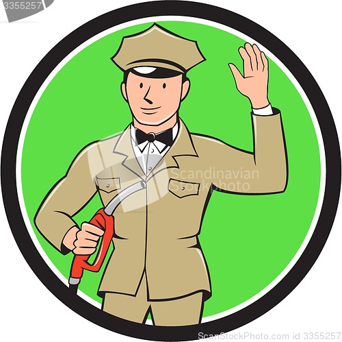 Image of Gas Jockey Attendant Waving Circle Cartoon