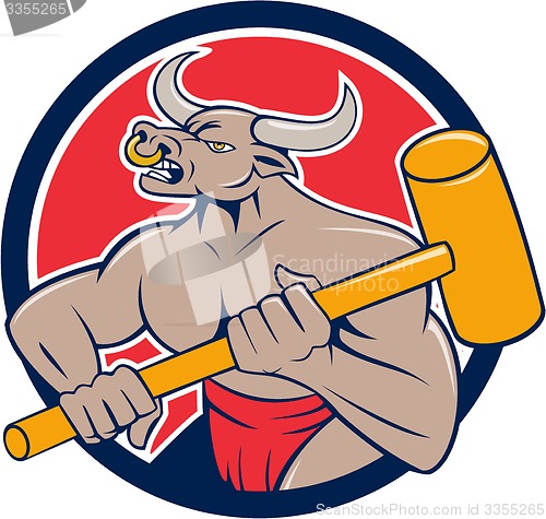 Image of Minotaur Wielding Sledgehammer Circle Cartoon