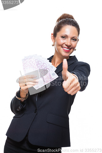 Image of Happy Businesswoman Holding 500 Euro Banknotes