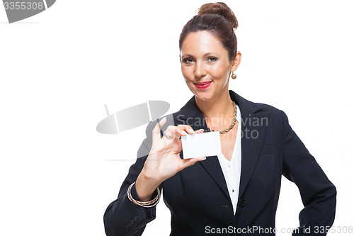 Image of Businesswoman Holding Small Card with Copy Space