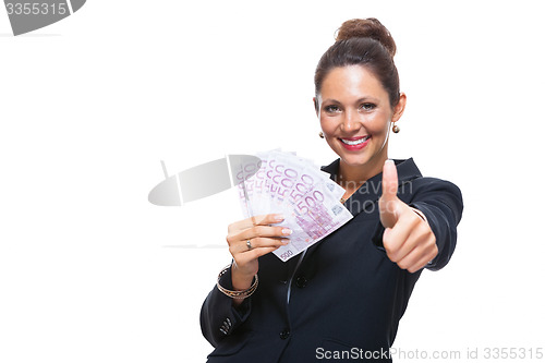Image of Happy Businesswoman Holding 500 Euro Banknotes
