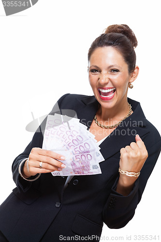 Image of Happy Businesswoman Holding 500 Euro Banknotes