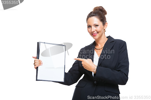 Image of Businesswoman Showing a Document with Copy Space