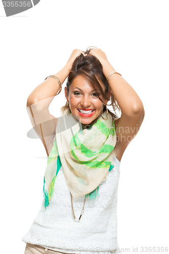 Image of Laughing Pretty Woman Holding Back her Hair