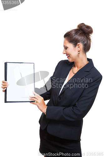 Image of Businesswoman Showing a Document with Copy Space