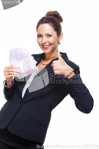 Image of Happy Businesswoman Holding 500 Euro Banknotes