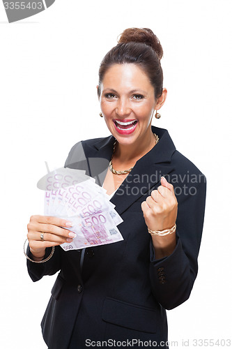 Image of Happy Businesswoman Holding 500 Euro Banknotes