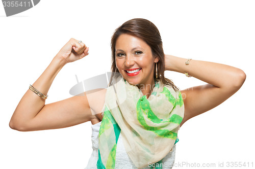 Image of Pretty Woman Showing her Biceps Against White