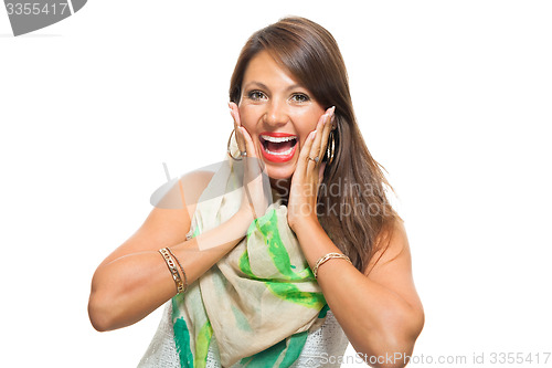 Image of Happy Woman in Trendy Outfit Touching her Face