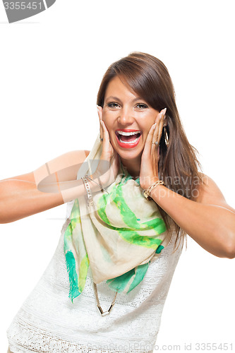 Image of Happy Woman in Trendy Outfit Touching her Face