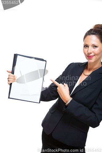 Image of Businesswoman Showing a Document with Copy Space