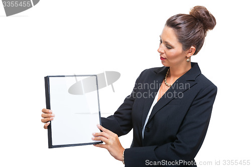 Image of Businesswoman Showing a Document with Copy Space