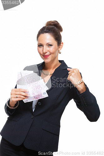 Image of Happy Businesswoman Holding 500 Euro Banknotes