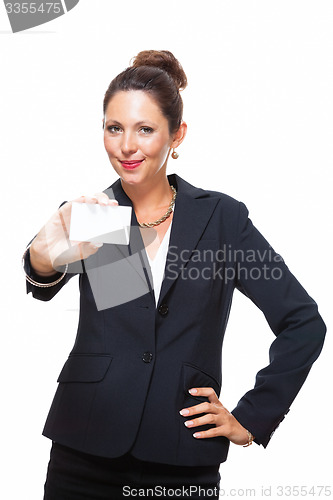 Image of Businesswoman Holding Small Card with Copy Space