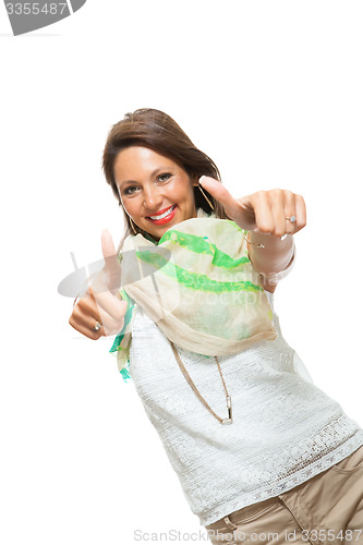 Image of Stylish Woman in Showing Two Thumbs up Signs