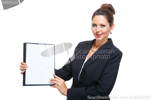 Image of Businesswoman Showing a Document with Copy Space